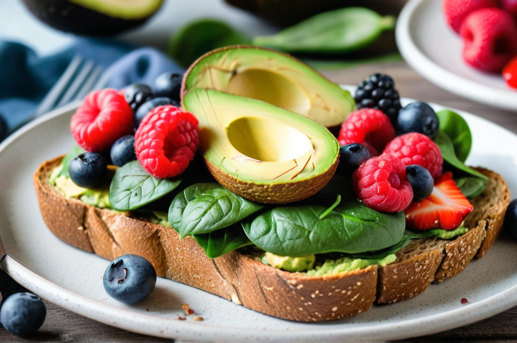 Healthy breakfast with avocado toast, berries, and spinach.  A nutritious start to the day