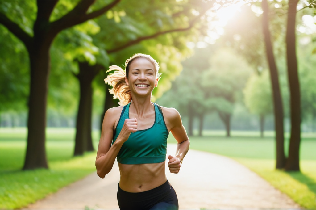 Woman enjoying a morning run in a beautiful green park